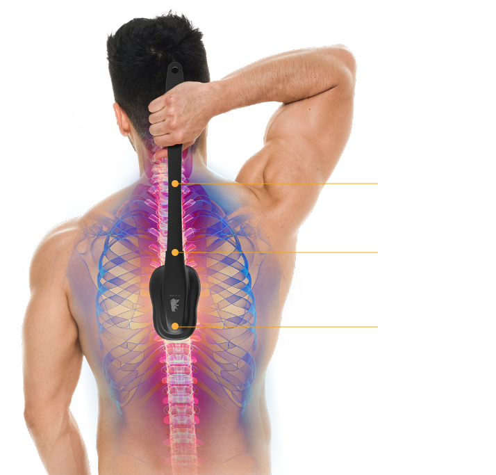 Man using the Bearable back scratcher with highlighted pressure points on the spine.